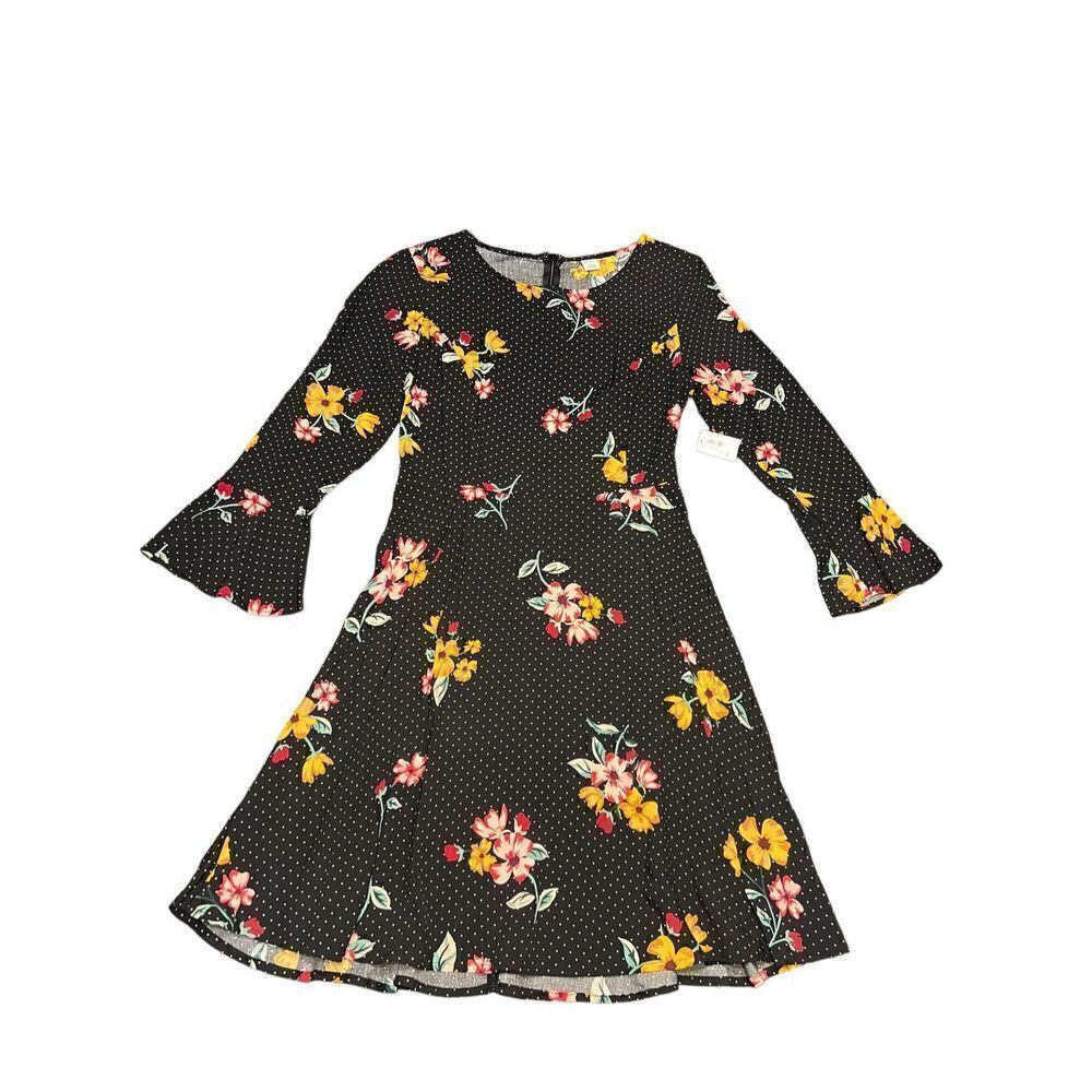 Old navy XS black floral polka dots bell sleeve mini fit and flare dress